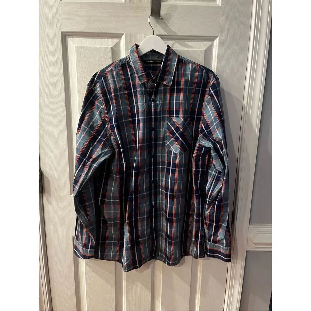 Livergy Blue & Orange Plaid Back Snap Down Button Shirt sz L EUC